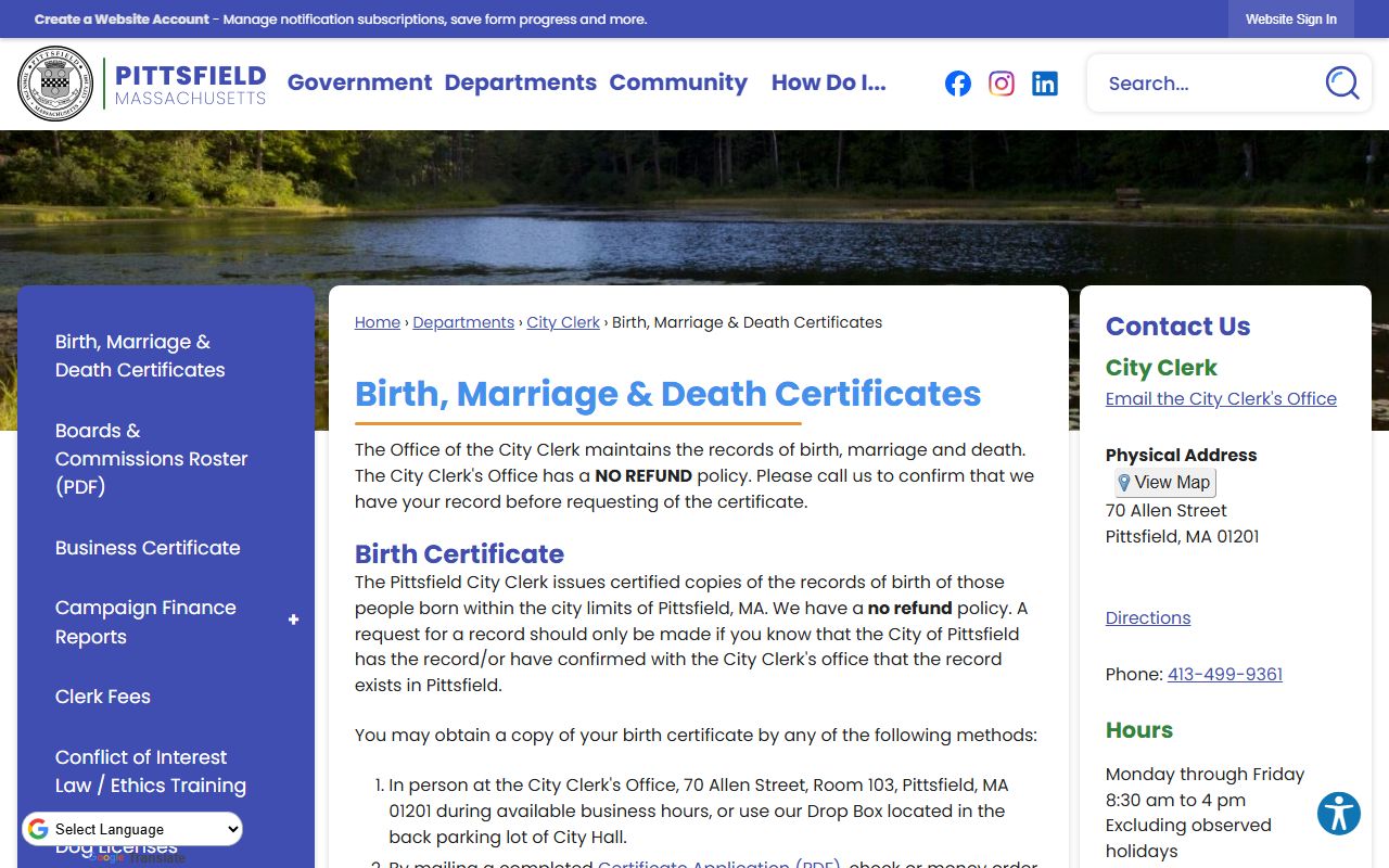 Pittsfield people search city clerk office