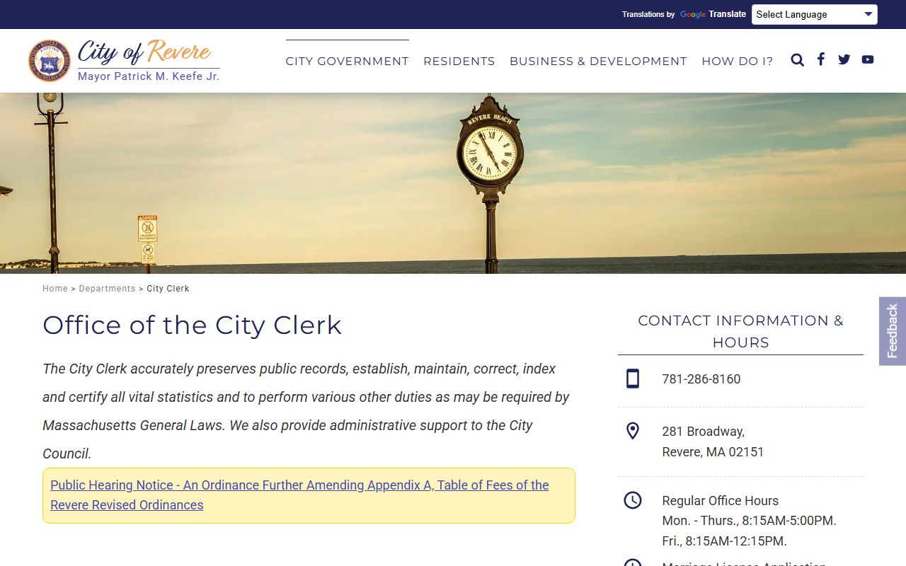 Revere people search city clerk office page