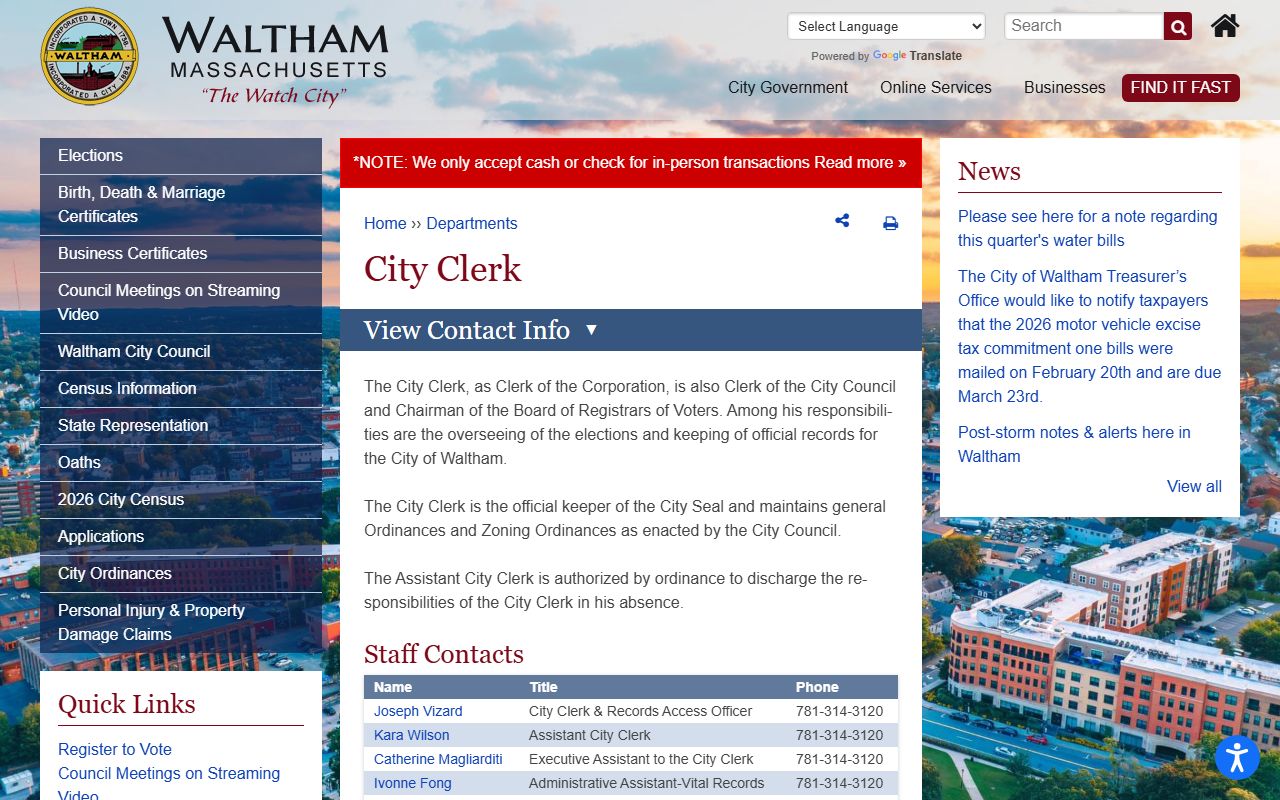 Waltham people search city clerk