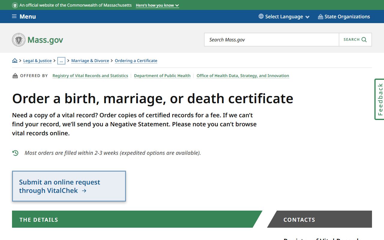 Massachusetts order birth marriage death certificates for people search